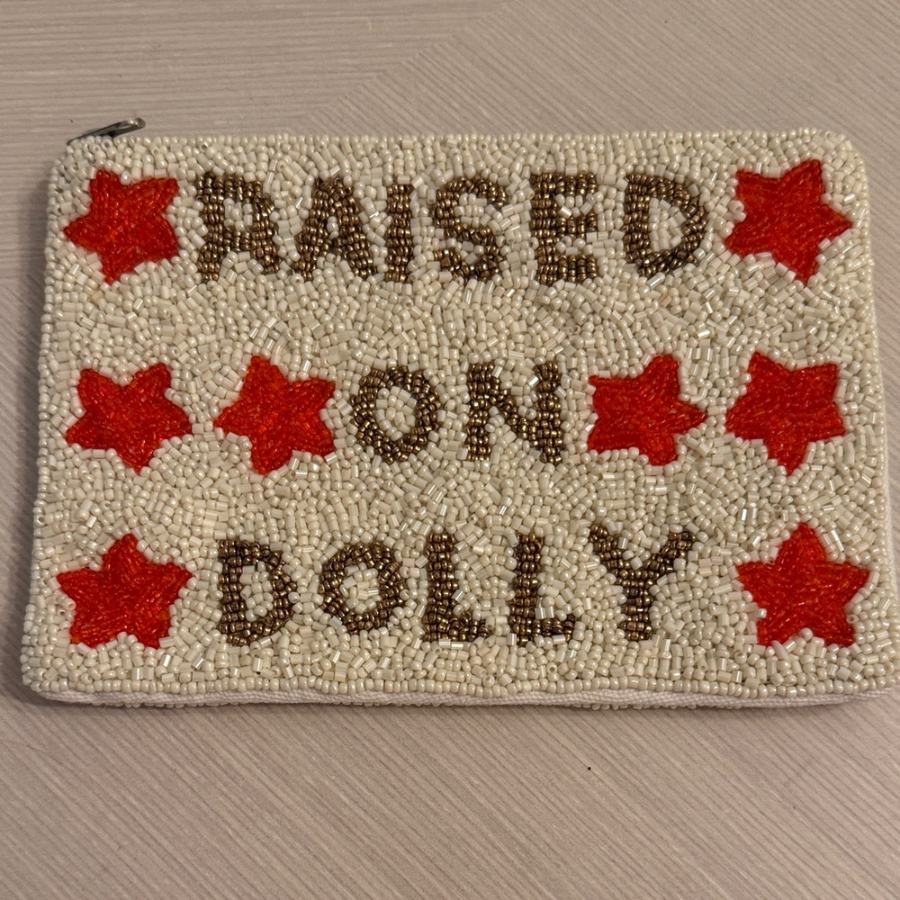 Beaded 'Raised On Dolly' Pouch – Cream & Red Stars Parton Zip Cute Gift Anthro